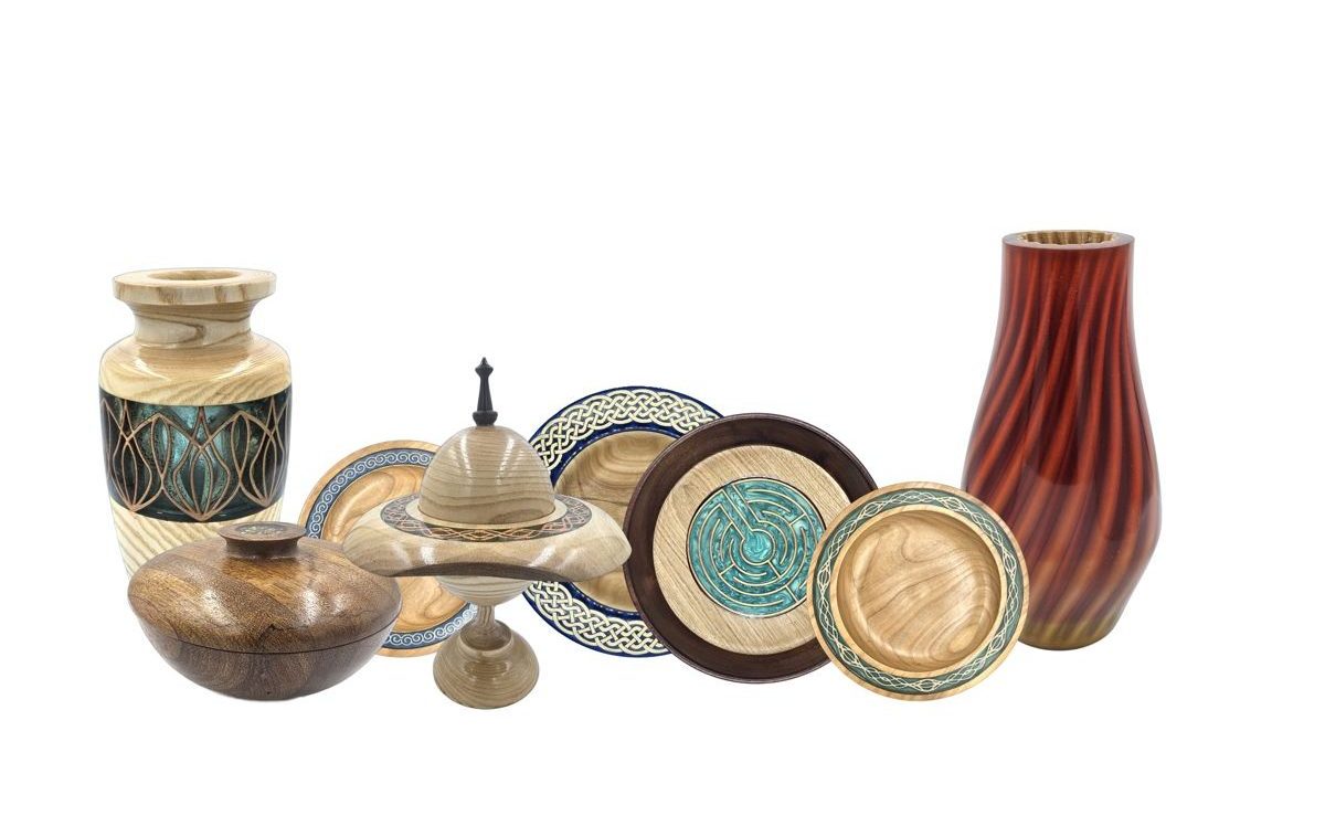 Group of wood and epoxy items from Fairytale Wood against a white background